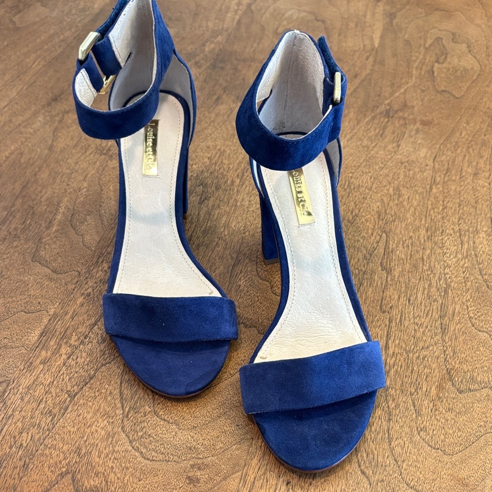 Louise ey Cie Women's Navy Suede Ankle Strap Block Heel Sandals